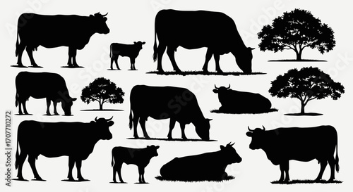 A collection of black silhouette illustrations featuring cows in various poses, including standing, grazing, and lying down, accompanied by silhouette trees.
