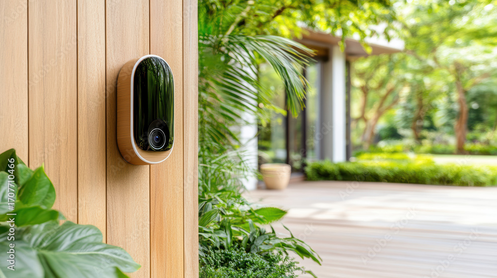 Fototapeta premium Smart doorbell camera mounted wooden wall surrounded by greenery, enhancing home security