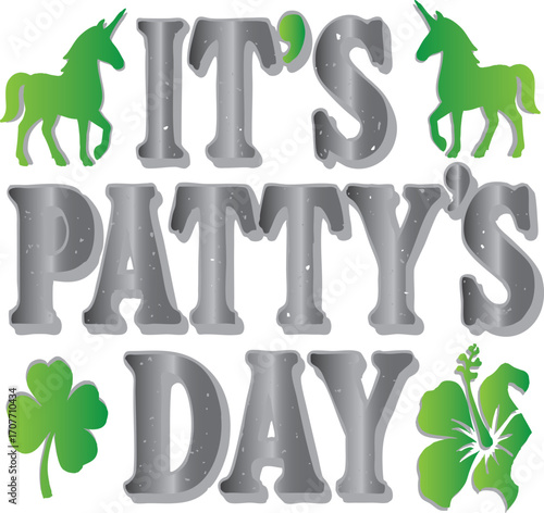 : "Lucky Unicorn Art for PATTY’s Celebration" A whimsical illustration of a unicorn wearing a pale green top hat and a black ribbon with a four-leaf clover. Its mane is a mix of green, pink, and gray,