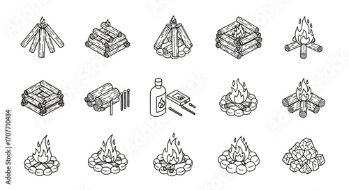 A set of fifteen isometric illustrations depicting different campfire structures and fire starting methods, shown in black and white line art.