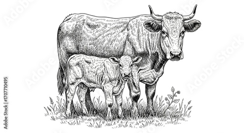 Black and white illustration of a cow standing next to its calf in a grassy field, both looking forward.