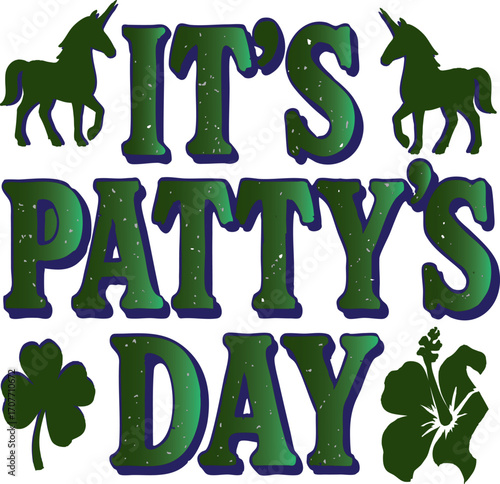 : "Lucky Unicorn Art for PATTY’s Celebration" A whimsical illustration of a unicorn wearing a pale green top hat and a black ribbon with a four-leaf clover. Its mane is a mix of green, pink, and gray,