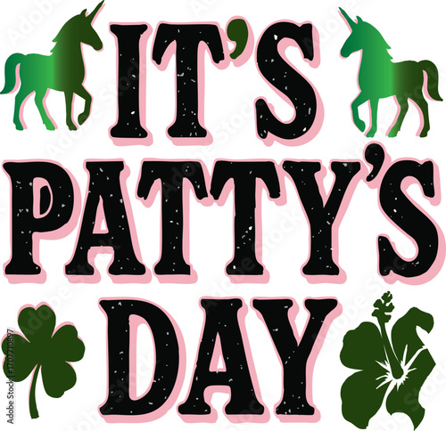 : "Lucky Unicorn Art for PATTY’s Celebration" A whimsical illustration of a unicorn wearing a pale green top hat and a black ribbon with a four-leaf clover. Its mane is a mix of green, pink, and gray,