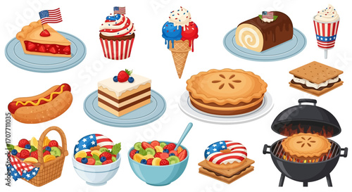 A collection of American-themed desserts and food items, including pie, cake, ice cream, hot dog, fruit salad, and s'mores, some decorated with American flags.