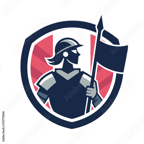 Bold minimalist soldier logo holding shield and flag, geometric silhouette with subtle circular motif
