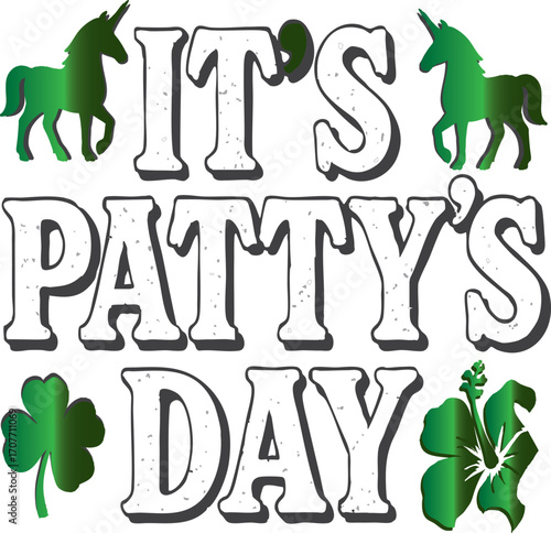 : "Lucky Unicorn Art for PATTY’s Celebration" A whimsical illustration of a unicorn wearing a pale green top hat and a black ribbon with a four-leaf clover. Its mane is a mix of green, pink, and gray,
