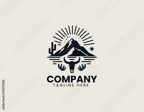 Vector logo shows desert mountains with cactus and sun rays in minimal design