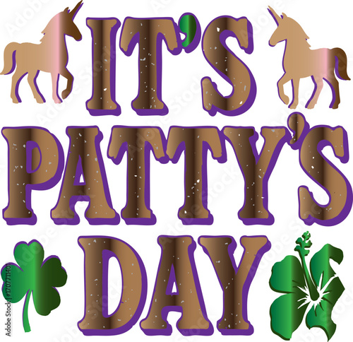 : "Lucky Unicorn Art for PATTY’s Celebration" A whimsical illustration of a unicorn wearing a pale green top hat and a black ribbon with a four-leaf clover. Its mane is a mix of green, pink, and gray,