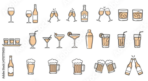 Illustration showcasing a variety of alcoholic beverages, including wine, champagne, cocktails, beer, and spirits, presented in glasses and bottles.