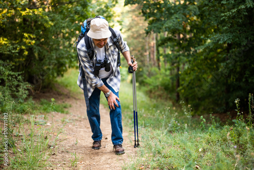 Obraz na plátne Senior hiker is struggling with knee injury or muscle strain while standing in forest during hiking
