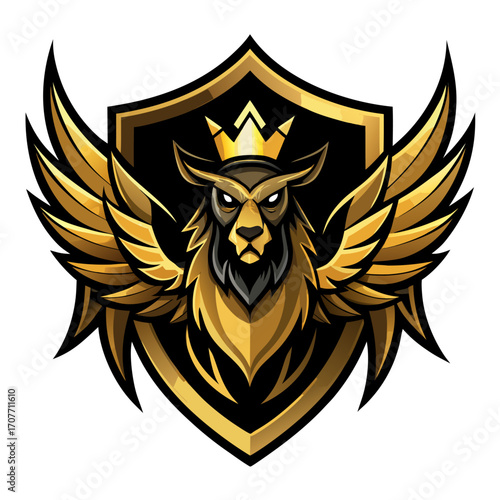 Stylized griffin with eagle head, wings spread on shield, golden crown, black and gold esports logo