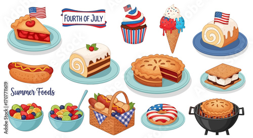 Illustration of various summer foods and desserts decorated with American flags, celebrating the Fourth of July holiday.