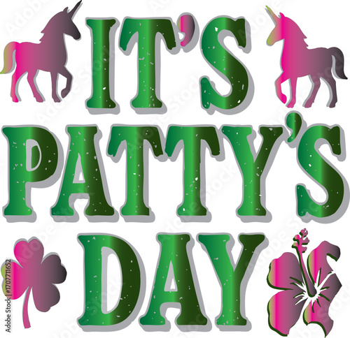 : "Lucky Unicorn Art for PATTY’s Celebration" A whimsical illustration of a unicorn wearing a pale green top hat and a black ribbon with a four-leaf clover. Its mane is a mix of green, pink, and gray,