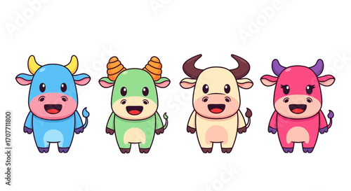 Four cartoon cows in different colors (blue, green, beige, pink) stand side-by-side with happy expressions.