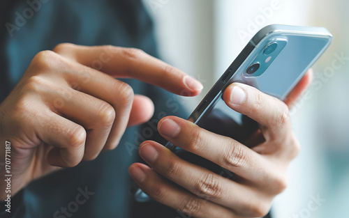 Close up of hands holding a smartphone and using a finger to tap on the screen showcasing modern technology and digital communication