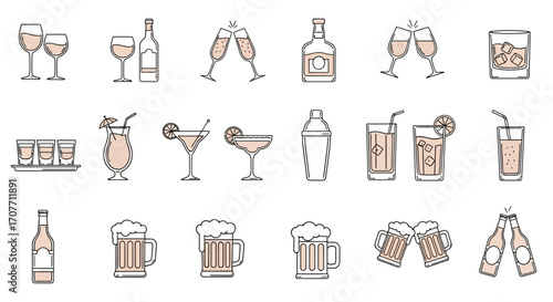 Collection of line art illustrations depicting various alcoholic beverages, including wine, champagne, liquor, cocktails, beer, and shots.