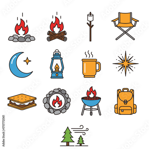 A collection of camping-themed icons including campfires, a marshmallow on a stick, a camping chair, a crescent moon, a lantern, a mug, a star, a s'more, a g...