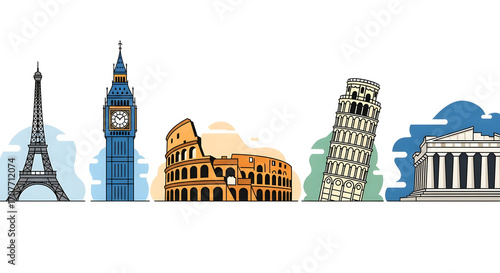 A collection of flat design vector illustrations showcasing famous European landmarks and historical architectural monuments for travel concepts