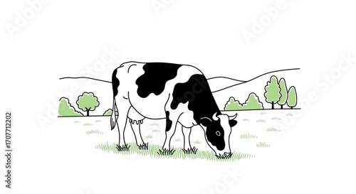 A black and white cow grazes on green grass in a field, with rolling hills and trees in the background, depicted in a simple, illustrative style.