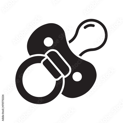 Baby pacifier icon. Simple black silhouette of a dummy or soother for newborn care and childhood concept.
