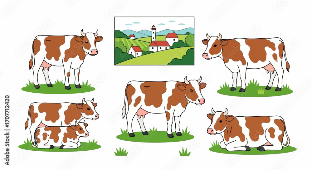 Obraz premium A collection of cartoon-style cows, some standing, some lying down, with a landscape painting in the background showing a lighthouse and farm buildings.
