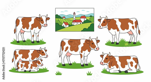 A collection of cartoon-style cows, some standing, some lying down, with a landscape painting in the background showing a lighthouse and farm buildings.