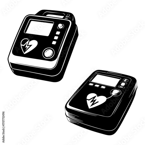 Black and white line art illustration of defibrillator