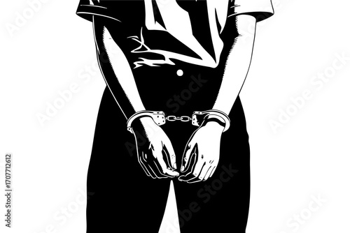 Black and white line art illustration of person with handcuffs