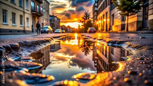 Wet city street reflects a vibrant sunset amidst urban buildings