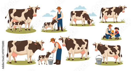 Collection of illustrations depicting cows, calves, and farmers interacting in various farming activities, including milking and tending to the animals.