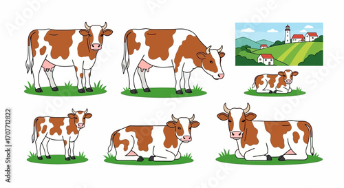 Illustration showing a collection of brown and white cows in various poses, with a background landscape of rolling green hills and buildings.