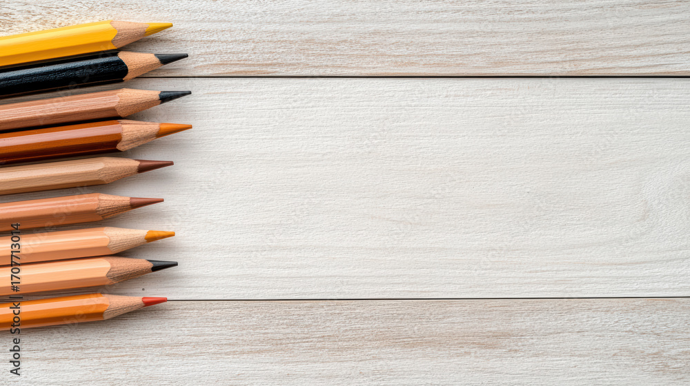 Obraz premium Colorful pencils arranged neatly on wooden surface create vibrant and artistic display
