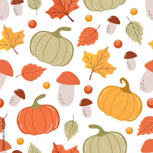 Autumn seamless pattern with pumpkins, mushrooms, and colorful fall leaves on a white background. Perfect for seasonal design, Thanksgiving, and harvest festival themes. Vector illustration.