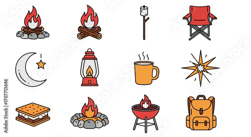 A collection of camping-themed icons including campfires, a marshmallow on a stick, a folding chair, a crescent moon, a lantern, a mug, a star, a s'more, a grill, and a backpack.