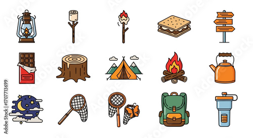 A collection of camping-themed icons including a lantern, marshmallows, s'more, signpost, chocolate, tree stump, tent, campfire, kettle, night scene, badmint...