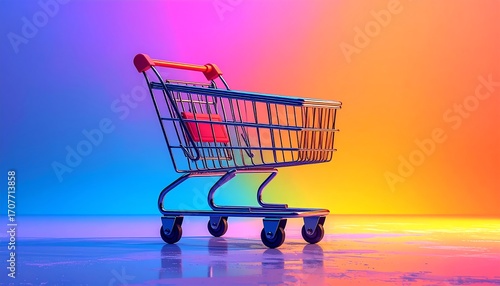 A shopping cart is bathed in vibrant neon light, creating a dynamic and colorful composition. It stands out against the gradient backdrop