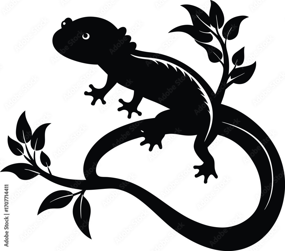 Fototapeta premium Black Silhouette Lizard on Branch with Leaves Vector Art