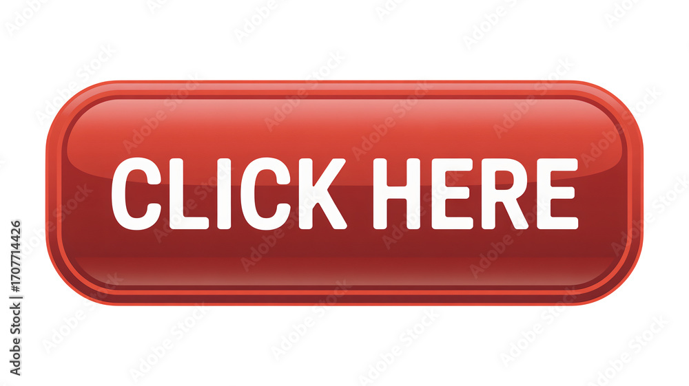 Red glossy button prompting action with 'Click Here' text for website design