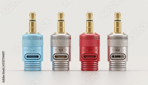 Four colored audio plugs, light gray background