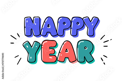 A cheerful 'Happy New Year' text with a transparent background, featuring a fun, cartoonish font.