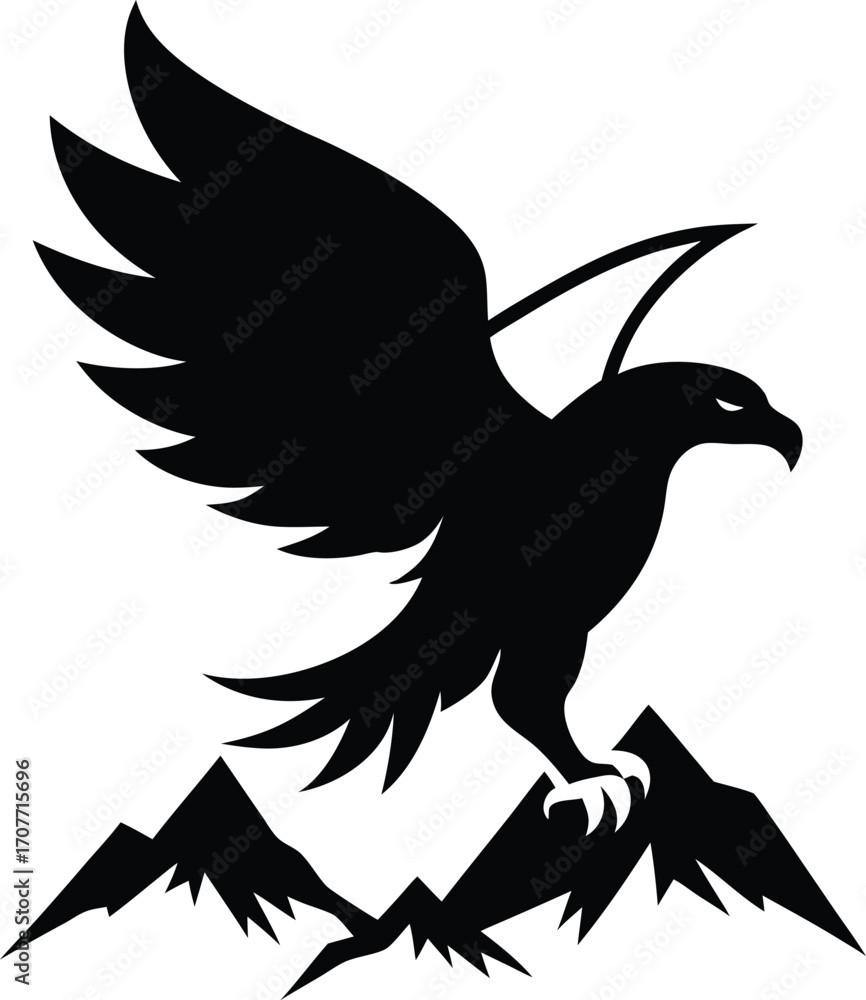 Fototapeta premium Black Eagle Silhouette Soaring Over Mountains Logo Design