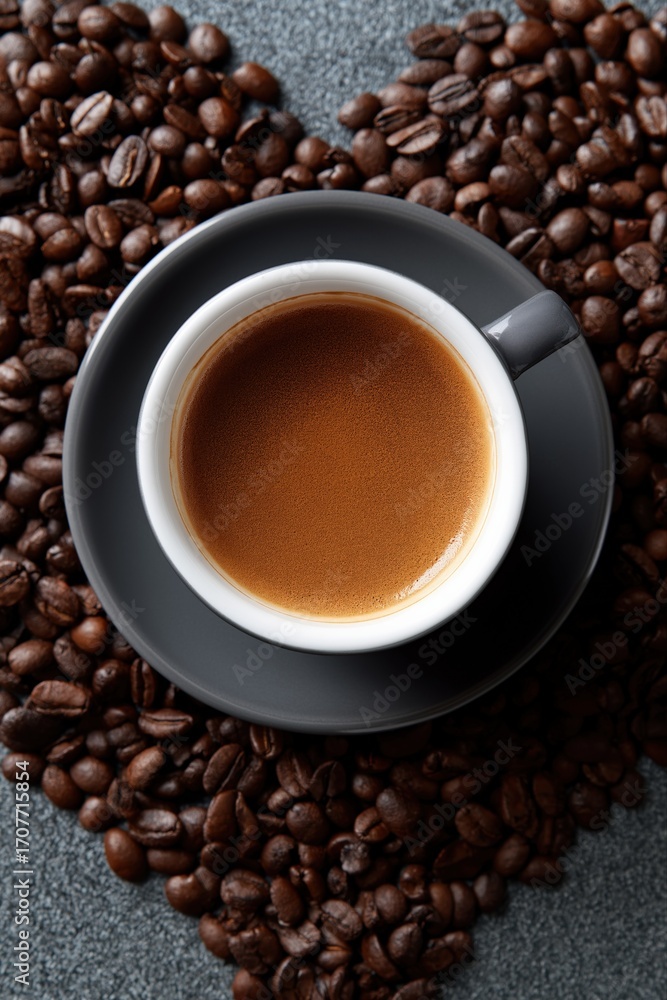 Fototapeta premium Heart-shaped coffee arrangement with espresso in black cup on coffee beans background