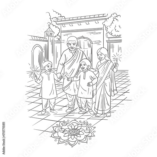 Indian Family Celebrating Diwali with Sparklers and Rangoli – Hand Drawn Line Art Illustration