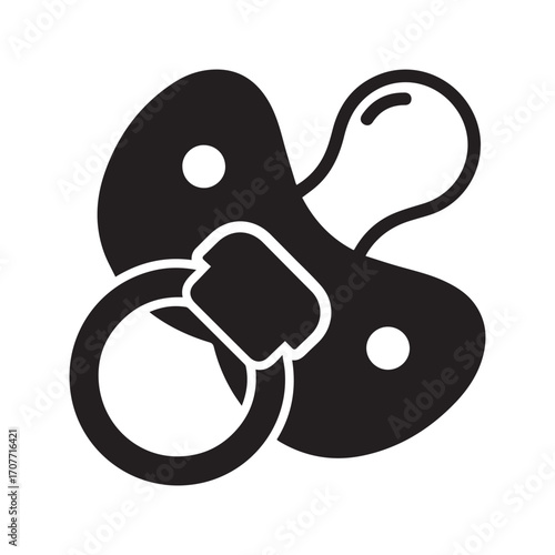 Baby pacifier icon. Simple black silhouette of a dummy or soother for newborn care and childhood concept.
