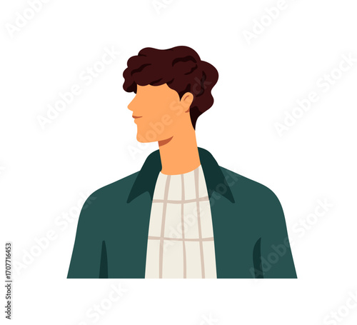 Man profile, abstract face looking aside, head turned. Modern style attractive guy in casual stylish outfit, shirt over t-shirt, side view. Flat vector illustration isolated on white background