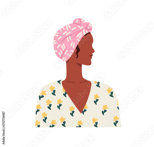 Black woman in profile. Modern style female head turned aside, side view. Young person in headwrap, turban, scarf, fashion ethnic apparel. Flat vector illustration isolated on white background