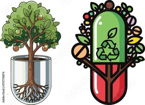 Natural Health and Sustainable Medicine Concept with Plant Growth and Recycling Elements