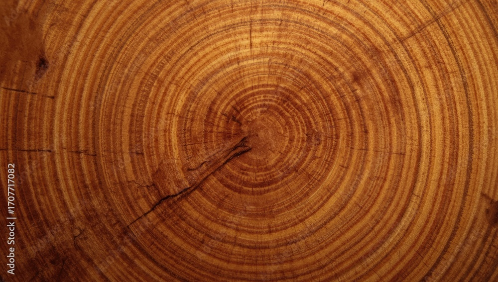 Fototapeta premium Close-up view of a detailed tree trunk cross-section, showcasing the intricate growth rings and natural wood grain patterns in warm, rich tones.