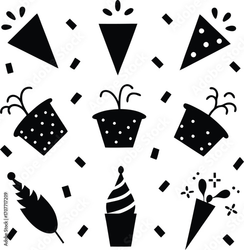 Black and White Party Icons: Confetti, Poppers, and Celebration