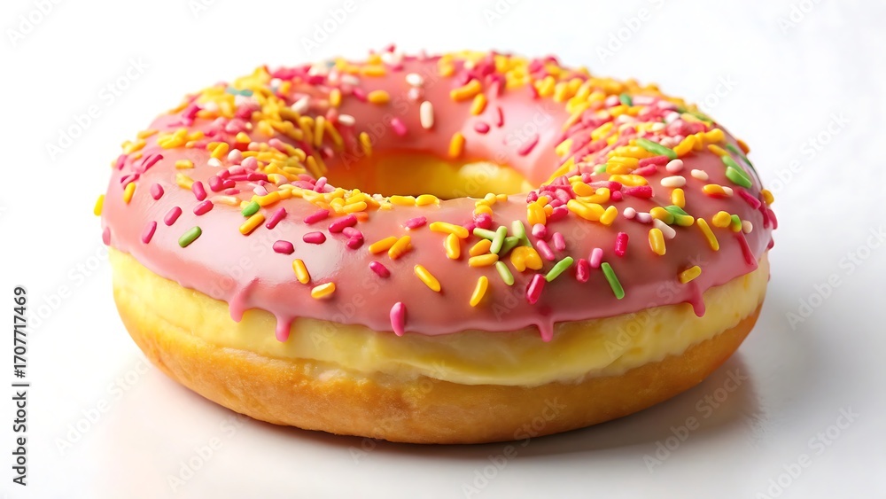A single pink frosted donut covered in colorful sprinkles is shown A single pink frosted donut covered in colorful sprinkles is shown